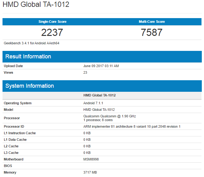 驍龍835沒跑了 又一款Nokia 9機型亮相GeekBench-鋒巢網