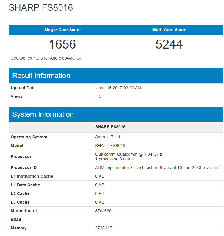 配驍龍660+全面屏設計？ 夏普新機亮相GeekBench-鋒巢網